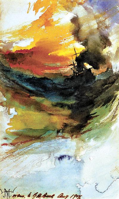 A Thomas Moran watercolor, “Smoking Ships at Sea,” will be part of “Water,” a new show at the Tripoli Gallery in Southampton.