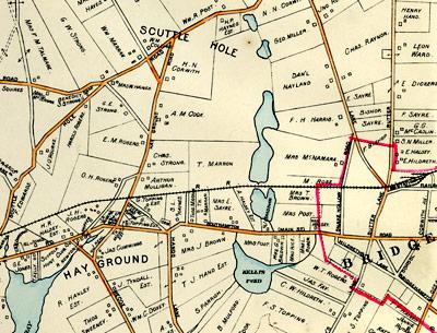 A long pond system rising north of Scuttlehole Road in Bridgehampton includes Short’s Pond, Haines Pond, Goldfish Pond, Long Pond, Little Long Pond, and Kellis Pond at its southern end, as depicted in E. Belcher Hyde’s 1916 “Atlas of the Ocean Shore of Suffolk County.”