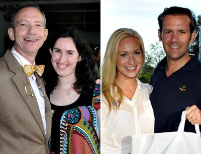 At Left, Steve Tekulsky, who is running for East Hampton Town justice with the endorsement of the Democratic and Working Families parties, posed with his daughter, Kylie, at a Democratic event in June. At Right, Carl Irace, the Republican, Independence, and Conservative candidate for East Hampton Town justice, out and about at the Springs chicken barbecue with his wife, Alice Cooley Irace