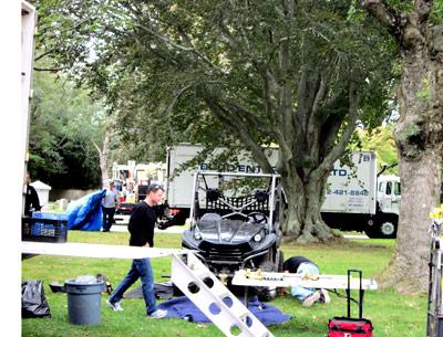 Members of “The Affair” production crew unloaded equipment at Cedar Lawn Cemetery on Cooper Lane in East Hampton.