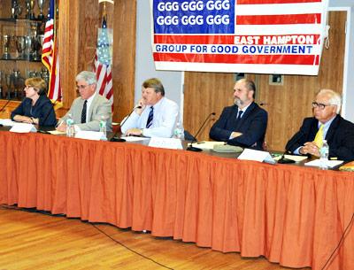 A Group for Good Government debate on Saturday brought together the East Hampton Town supervisor candidate, Larry Cantwell, second from left, and town board candidates, from left, Kathee Burke-Gonzalez, Fred Overton, Job Potter, and Dominick Stanzione.