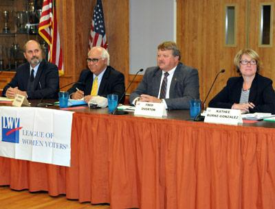 Four candidates for East Hampton Town Board, from left, Job Potter, Councilman Dominick Stanzione, Town Clerk Fred Overton, and Kathee Burke-Gonzalez, talked through the issues Monday night in East Hampton.