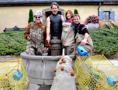 John Landes, Joshua Perl, Molly McKenna, and J. Kelly Caldwell got wet on Sunday in the Wolffer Estate Vineyard’s fountain to highlight the theme of the “Water’s Edge Radio Hour.”