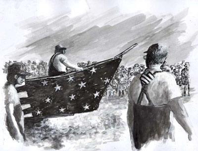 One of Cynthia Loewen’s 20-plus illustrations in Marsha King’s “A Fine Day for Fishing” shows Capt. Dan King’s flag dory at a protest in Amagansett in 1992 over the banning of haulseining.