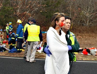 It may look like a terrible accident, but it was actually a mass-casualty drill for first responders, held in Montauk on Sunday.