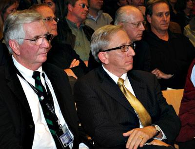 Peter Kirsch, right, the town’s aviation attorney, photographed earlier this year, said new legal developments could affect East Hampton Town’s options for regulating its airport. Jim Brundige, the East Hampton Airport manager, is at left.