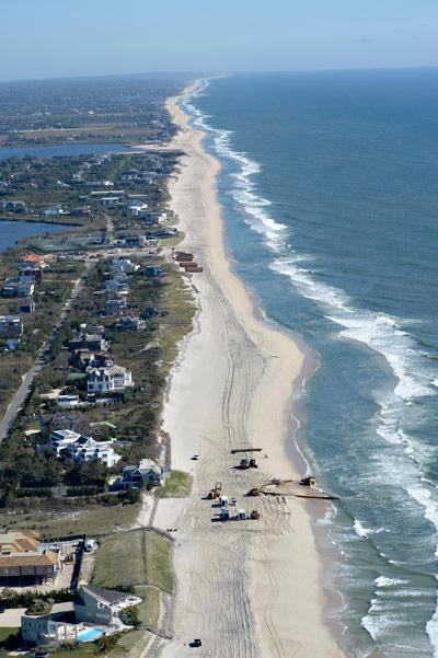 An aerial view of the $25 million Southampton beach restoration that began last fall at Flying Point Beach in Water Mill and is now nearing completion at Town Line Road in Sagaponack.