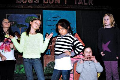 Some of the 52 members of the Springs School’s fourth-grade opera company: from left, Natalia Flores, Corrina Castillo, Kimberly Bermeo, Sophia Yardley, and Nora Conlon