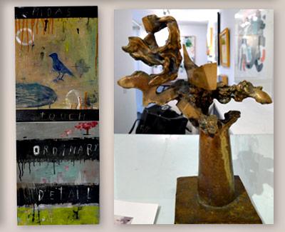 Mixed-media work by Stephanie Brody-Lederman, such as “Little Poem,” from 2006, left, and Calvin Albert’s circa 1960 bronze “Abandoned Column” are on view in Bridgehampton.