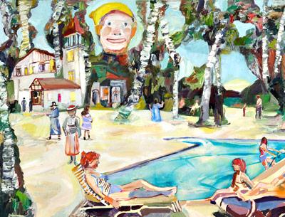 Unsettling elements surround the sunbathers in Elizabeth Huey’s painting “Haven for the Tender Hearted.”