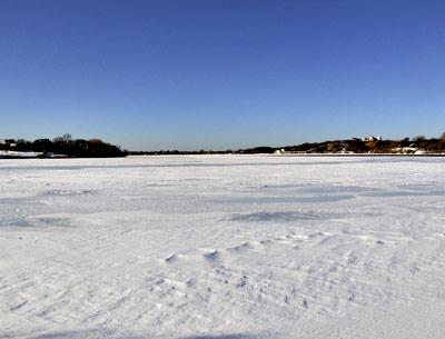 Fort Pond in Montauk was completely frozen over earlier this week.