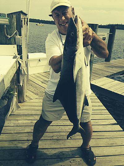 Dave Wagner, above, and George Lombardi, both of Springs, caught this 40-pound cobia fishing on Lombardi’s boat, Tough Tony II, off Stuart, Fla. They caught 12 cobia and released 11.