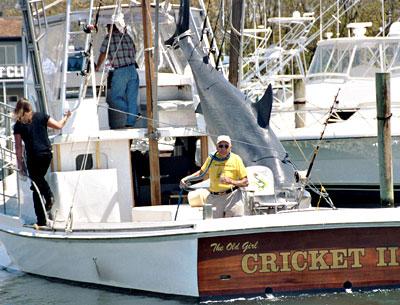 The late Frank Mundus hammed it up with a replica of a white shark catch aboard the Cricket II in 2005.