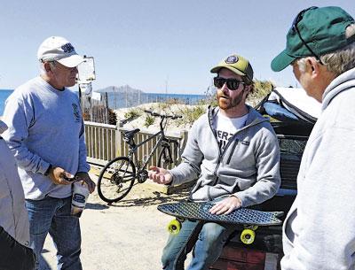 Kevin Ahearn Jr. showed a group of Ditch Plain regulars a fish-shaped prototype of a skateboard made from recycled drift nets.