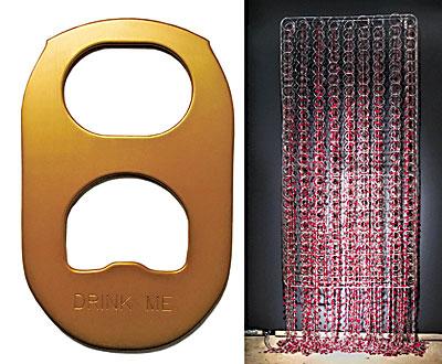 An engraved aluminum sculpture, left, in the shape of a can tab. A box spring, right, was nickel-plated and festooned with ball chains and red tabs from Budweiser cans.