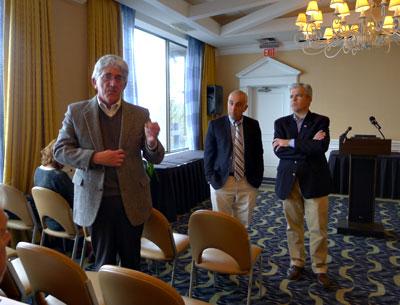 Suffolk County Executive Steve Bellone, right, with East Hampton Town Supervisor Larry Cantwell and Legislator Jay Schneiderman, met with business owners at Gurney’s Inn in Montauk on April 30 to discuss issues such as erosion control, affordable housing, and transportation.