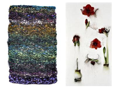 “February (V),” a photograph by Laurie Lambrecht of one of her knitted pieces, and “Red Amaryllis,” a drawing by Linda Etcoff