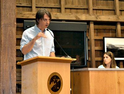 Sean MacPherson spoke at an East Hampton Town Zoning Board of Appeals hearing Tuesday night about his application to build a small free-standing garage on his Montauk property, as well as adding second floor decking to his house.