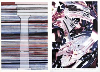 Ed Ruscha gave the government his “Column With Speed Lines,”  left, from 2003, in conjunction with the print’s publisher, Gemini G.E.L. James Rosenquist’s “The Stars and Stripes at the Speed of Light,” a lithograph from 2000, was a gift from the artist.