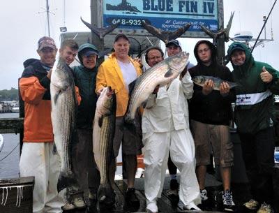 John Harris and his sons, John and Mike Harris, and grandsons, Nick, Mike, and D.J., caught eight 25-to-35-pound striped bass and 10 bluefish on Saturday with Capts. Michael Potts and Harry Garrecht of the Bluefin IV out of Montauk.   The hull of the Viking Freedom, a steel-hulled sailboat, was welded together in Montauk with the help of Stuart Vorpahl.