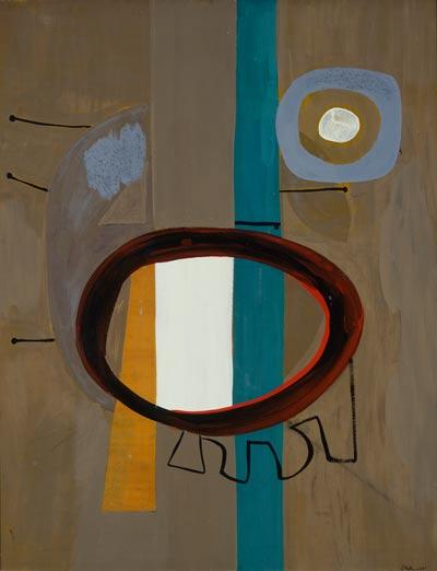 Robert Motherwell’s early paintings sought to reconcile abstraction with Surrealism. Above, “In Beige With Sand” (1945), Below, “Black Figuration on Blue” (1950).