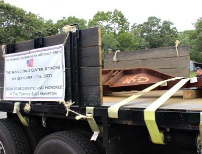 A truck delivered a steel beam from the World Trade Center to the American Legion Hall in Amagansett on Aug. 13.