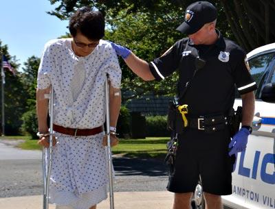 Jungsik Lee used crutches Tuesday to walk into East Hampton Town Justice Court, where he was arraigned on drunken-driving charges in connection with an accident.