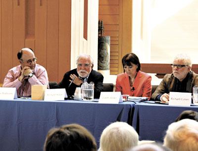 John Podhoretz, Richard Stone, Judith Miller, and Richard Cohen were among the panelists of “Crisis in the Middle East: The Road Ahead,” a discussion at the Jewish Center of the Hamptons on Monday.