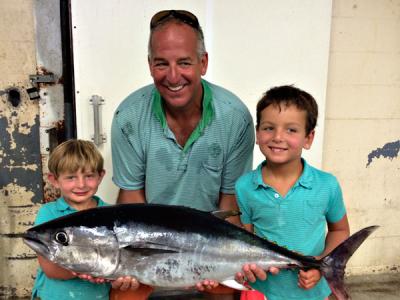 “Is it because of global warming?” wondered Henry, Chris, and Xander Goodman after they caught a small bigeye tuna just off Wiborg’s Beach in East Hampton on Labor Day.