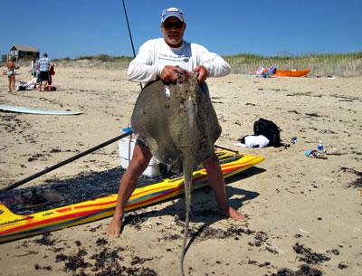 Fishing off Ditch Plain from his stand-up paddleboard, David Schleifer hooked this 40-pound ray.