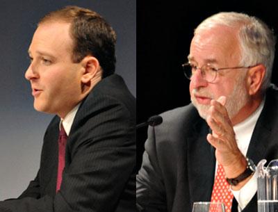 State Senator Lee Zeldin, left, criticized what he called a slow pace of Hurricane Sandy recovery projects. Representative Tim Bishop touted his experience and accomplishments.