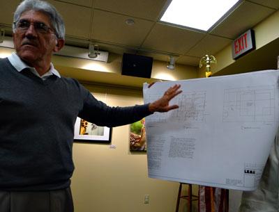 East Hampton Town Supervisor Larry Cantwell displayed a blueprint for a public restroom to be constructed in the parking lot behind the Amagansett Library at that hamlet’s citizens advisory committee meeting on Monday.