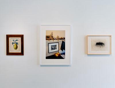 In one of the more characteristic Drawing Room installations within the salon setting, three pieces in the hallway are given some breathing room. They are a 19th-century drawing of a pear, an Adam Bartos photograph, and Donald Sultan’s “Dead Bird” drawing.