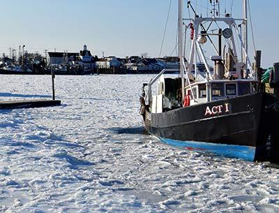 Montauk Harbor was frozen solid on Sunday, bringing commercial fishing to a brief standstill.