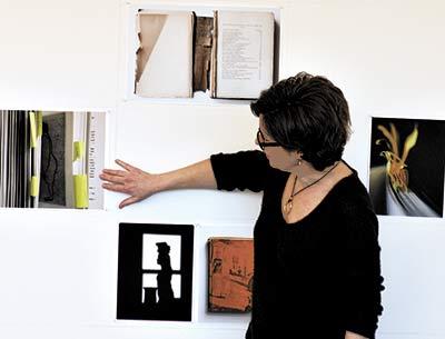 Mary Ellen Bartley held an open studio on Saturday at the Watermill Center, where, during her residency, she photographed books from the center’s library.