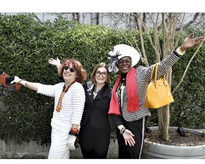 Teri Kennedy, Marla Schwenk, and Felecia A. Wilson dressed in theme to honor Iris Apfel at the screening of Albert Maysles’s last film, “Iris,” at Bay Street Theater in Sag Harbor on Sunday. The film was presented by the Hamptons Take 2 Documentary Film Festival and was followed by a panel discussion.