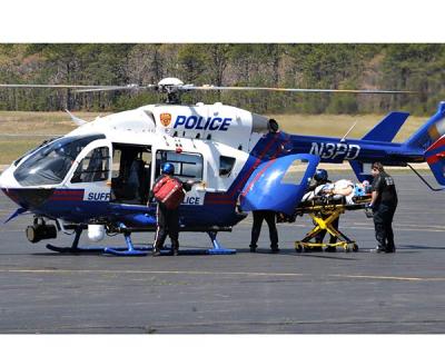 A customer who was crushed by falling wallboard at a Riverhead Building Supply warehouse in East Hampton on Friday was airlifted to Stony Brook University Hospital from East Hampton Airport. He was still listed in critical condition yesterday.