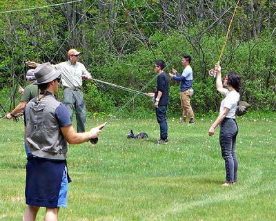 Neophyte fly casters practiced the basics during a clinic in Roscoe, N.Y., on Monday.