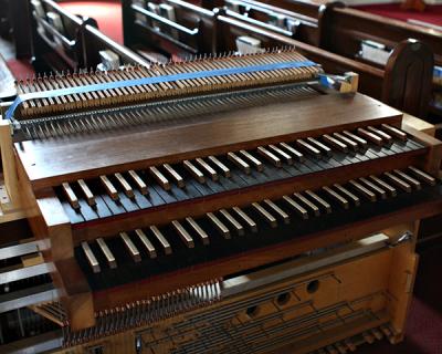 Although most of the pipe organ was disassembled before being moved, the two keyboards stayed together.