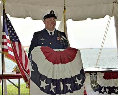 Retiring after 21 years of service, Senior Chief Petty Officer Jason Walter, above, of the Montauk Coast Guard Station handed the helm to incoming Senior Chief Petty Officer Eric Best last week.