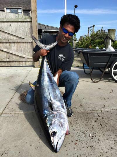 This bluefin tuna was angled by Matt Heckman, above, with Oliver Saul at the helm approximately eight miles from Montauk while trolling the C.I.A. grounds last week.