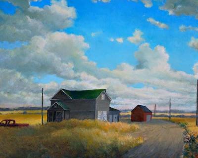 Ralph Carpentier’s “Barn on a Hill” is part of a solo exhibition of his work organized by Pamela Williams at the Amagansett Library.