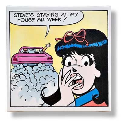 Gordon Stevenson offers a seasonally appropriate, comic-book-inspired painting, “Steve’s Staying at My House All Week!” from this year, as part of his show beginning today at the Tripoli Gallery in East Hampton.