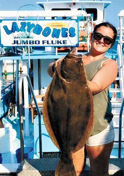 Annalee Ficorilli caught this eight-pound fluke a week ago while fishing on the Lazy Bones out of Montauk.