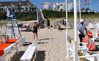 The East Hampton Village Board discussed expanding the user groups that would be required to secure a permit for large assemblies on public property, like this elaborate event held near Main Beach on Saturday.