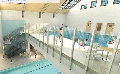 The latest design for the Montauk Playhouse’s aquatics center includes pools on two levels.