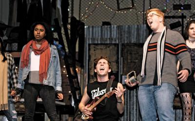 Ciara Bowen, left, Nick Pucci, and Gage Reimboth-Lynch got into character during rehearsals for East Hampton High School’s production of the rock opera “Rent.”