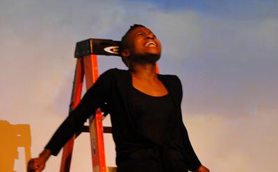 A ladder is used as a shelter and then a place of torture for LaWanda Hopkins, who plays the title role in Kate Mueth’s interpretation of “Andromeda.”