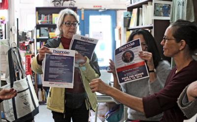 In advance of New York’s presidential primary, Camille Perrottet and other supporters of Bernie Sanders gathered for a canvassing training session at Canio’s Books in Sag Harbor Saturday.