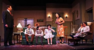 Solid performances by a cast including, from left, Edward Kassar, James Baio, Christopher Darrin, Catherine Maloney, Rebecca Edana, and Diana Marbury deliver in Neil Simon’s masterpiece, “Lost in Yonkers.”